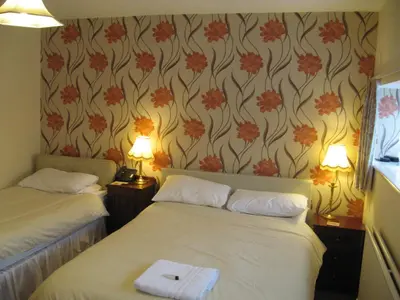 two beds in a room with flowers on the wall at The Red Lion Hotel in Bredwardine