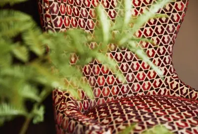 a red chair with a green plant in the foreground at The Cart Shed Shropshire in Downton