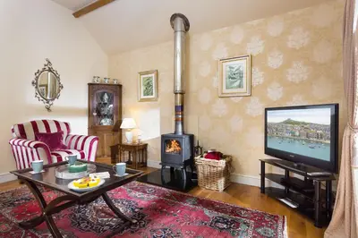 a living room with a television and a fireplace at Blacksmiths Cottage in Lingen