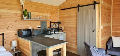 a kitchen with wooden walls and a counter in a cabin at Wye Valley Cabin in Upper Welson