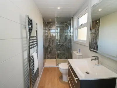 a bathroom with a sink and a toilet and a shower at Little Shelve Barn in Shrewsbury