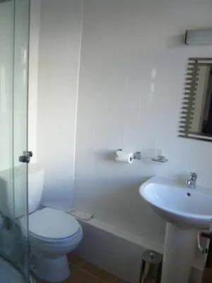 a white bathroom with a toilet and a sink at Belle Vue Hotel in Llanwrtyd Wells