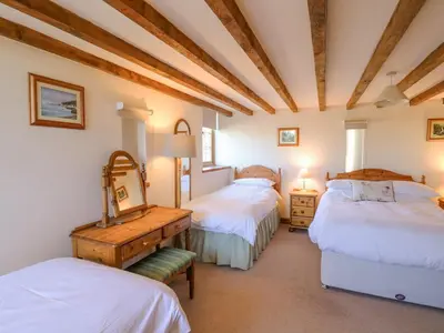 a bedroom with two beds and a mirror in it at Swn y Nant in Tywyn
