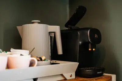 a coffee maker sitting on top of a counter at Boutique Shrewsbury Rooms in Shrewsbury