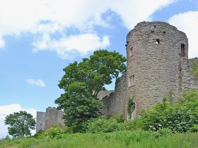 an old castle on a hill with a tree at Dinhope Big Barn in Craven Arms