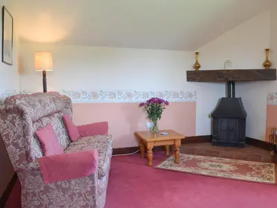 a living room with a chair and a wood stove at The Cider Mill Cottage in Orleton