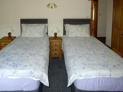 two beds in a room with two lamps on night stands at Glan Wye in Rhayader