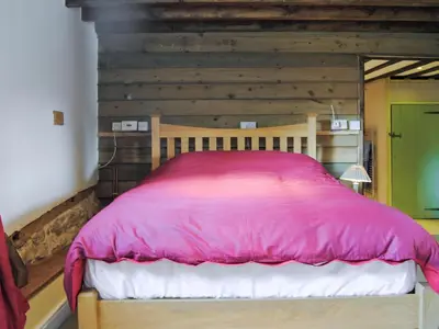 a bed in a room with a wooden wall at Hirros Hall Longhouse in Llanerfyl
