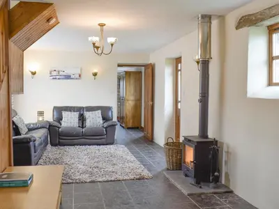 a living room with a couch and a wood stove at Bryncrwn Cottage in Rhyd-y-felin