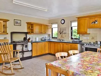 a kitchen with wooden cabinets and a table with chairs at Bryneirin in Tal-gareg