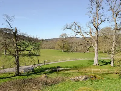 a fence in a field with a tree and grass at Crogen Coach House - Oqr in Llandrillo