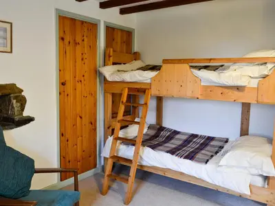 a bedroom with two bunk beds and a ladder at Erw Goed Hen Stabl in Arthog