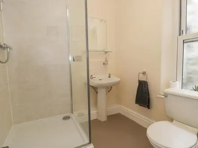 a bathroom with a shower and a toilet and a sink at 5 Tai Isa in Barmouth