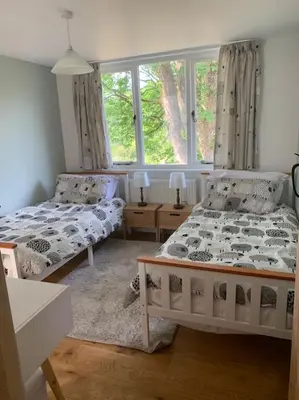 a bedroom with two beds and a window at Cottage with outstanding views in Velindre