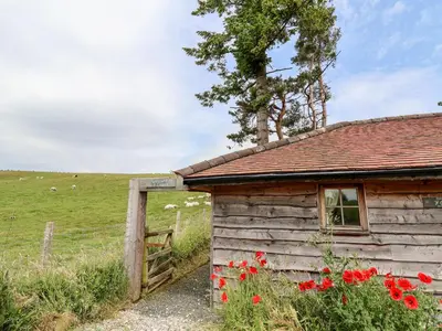 an old wooden building with red flowers next to a fence at Y Caban in Llangollen