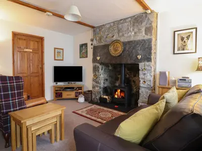 a living room with a fireplace and a couch at Bodalaw in Trawsfynydd