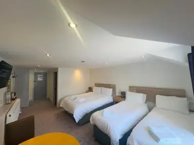 a hotel room with two beds and a television at The White Lion Hotel in Machynlleth