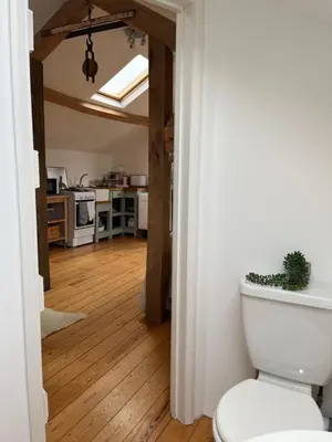 a bathroom with a toilet in a room with a kitchen at The Hayloft in Hereford