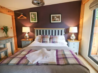 a bedroom with a bed with two night stands and two lamps at Daffodil in Welshpool