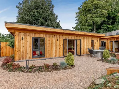 a wooden cabin with a patio in a yard at Fioled - Uk40267 in Llangadfan