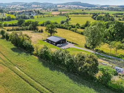 an aerial view of a barn in a field at Jacobs Plock in Leintwardine