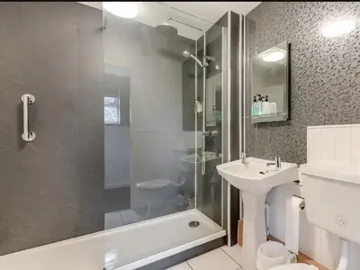 a bathroom with a shower and a toilet and a sink at Curly Tail Accommodation in Bishops Castle