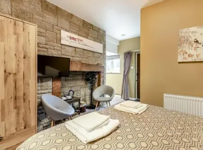 a bedroom with a large bed with a tub and a television at Curly Tail Accommodation in Bishops Castle