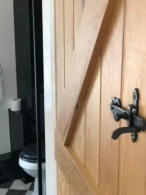 a bathroom with a wooden door with a toilet at Ty Cwtch in Dolgellau