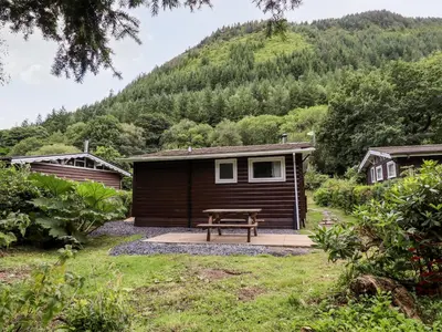 a cabin with a picnic table in front of a mountain at Chalet 2 in Machynlleth
