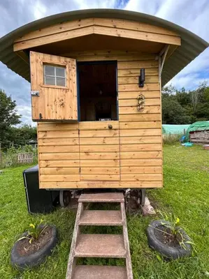a wooden out house with a ladder in the grass at Ty Gwenyn, Coity Bach in Brecon