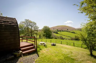a wooden bench in a field with a fence at Ty Grug Pods in Bryngwyn