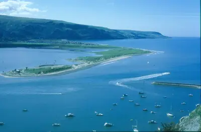 an aerial view of a large body of water with boats at Wavecrest in Barmouth