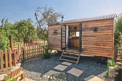 a wooden tiny house with a ladder next to a fence at Curious Calf in Leominster
