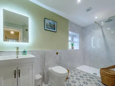 a bathroom with a sink and a toilet and a tub at Maesyrhaf in Llanllwchaiarn