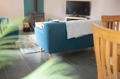 a living room with a blue couch and a tv at Vineyard Country Cottage in Llanerch-Aeron