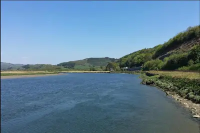 a river in the middle of a field at Penestaer in Machynlleth