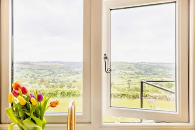 a window with a vase of flowers on a counter at 1 Bed in Llangadfan oc-c27292 in Llangadfan