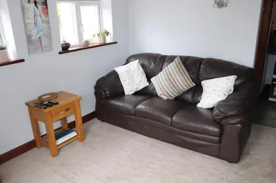 a brown leather couch in a living room with a table at Garn Lodge in Newtown