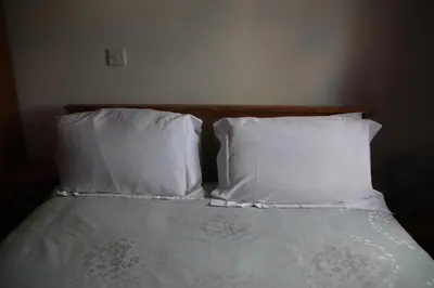 a bed with two pillows and two white pillows at Garn Lodge in Newtown