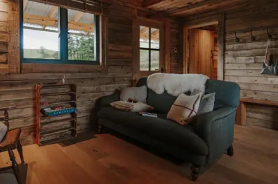 a green couch in a room with wooden walls at Woolly Wood Cabins - Bryn in Llandrindod Wells