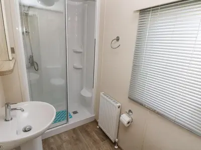 a bathroom with a shower and a white sink at 116 Woodpecker Lodge in New Quay