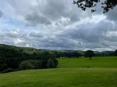a green field with trees and a cloudy sky at Pwllglas Bach - Spacious Cabin in Machynlleth