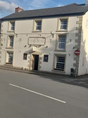 a white building on the side of a street at The Cock Hotel in Bronllys
