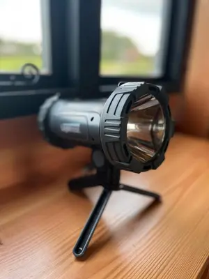 a camera on a tripod on a wooden floor at Beaver Tail Cabin in Hereford