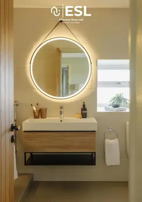 a bathroom with a sink and a mirror at Large Country Farmhouse, Shropshire Hills View, with Hot Tub in Minsterley