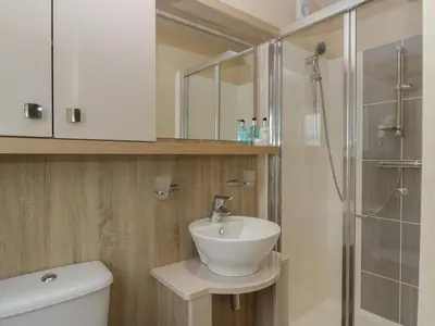 a bathroom with a toilet and a sink and a shower at Mallard in Leominster