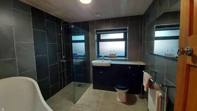 a bathroom with a sink and a shower and a toilet at No 1 Dolheulog Aberaeron SA46 0EP in Aberaeron