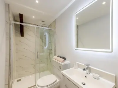 a bathroom with a shower and a toilet and a sink at Dahlia Contemporary town centre apartment - Pass the Keys in Shrewsbury