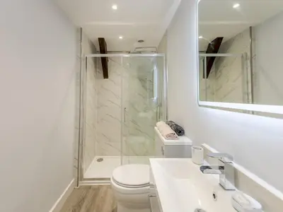 a bathroom with a shower and a toilet and a sink at 1 bed 40D Dahlia Contemporary town centre apartment - Pass the Keys in Shrewsbury
