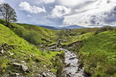 a stream in a grassy hillside with a river at Finest Retreats - Mountain View in Trawsfynydd